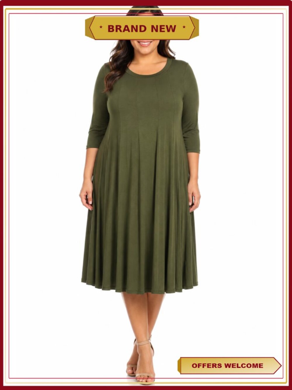 Plus Size Jersey Knit A-Line Midi Dress 3/4 Sleeve Casual